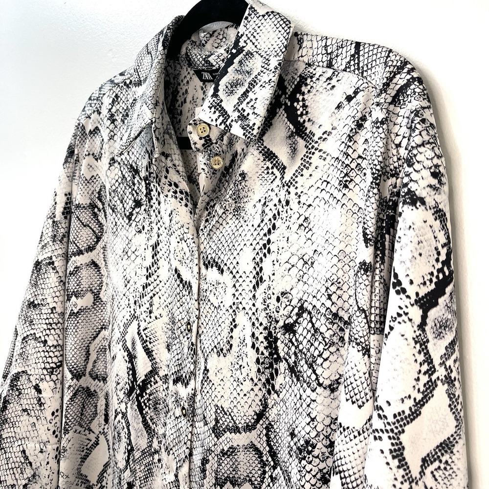 Zara‎ Women's Dress NWT Black White Snakeskin Print Button Down Oversized XS
